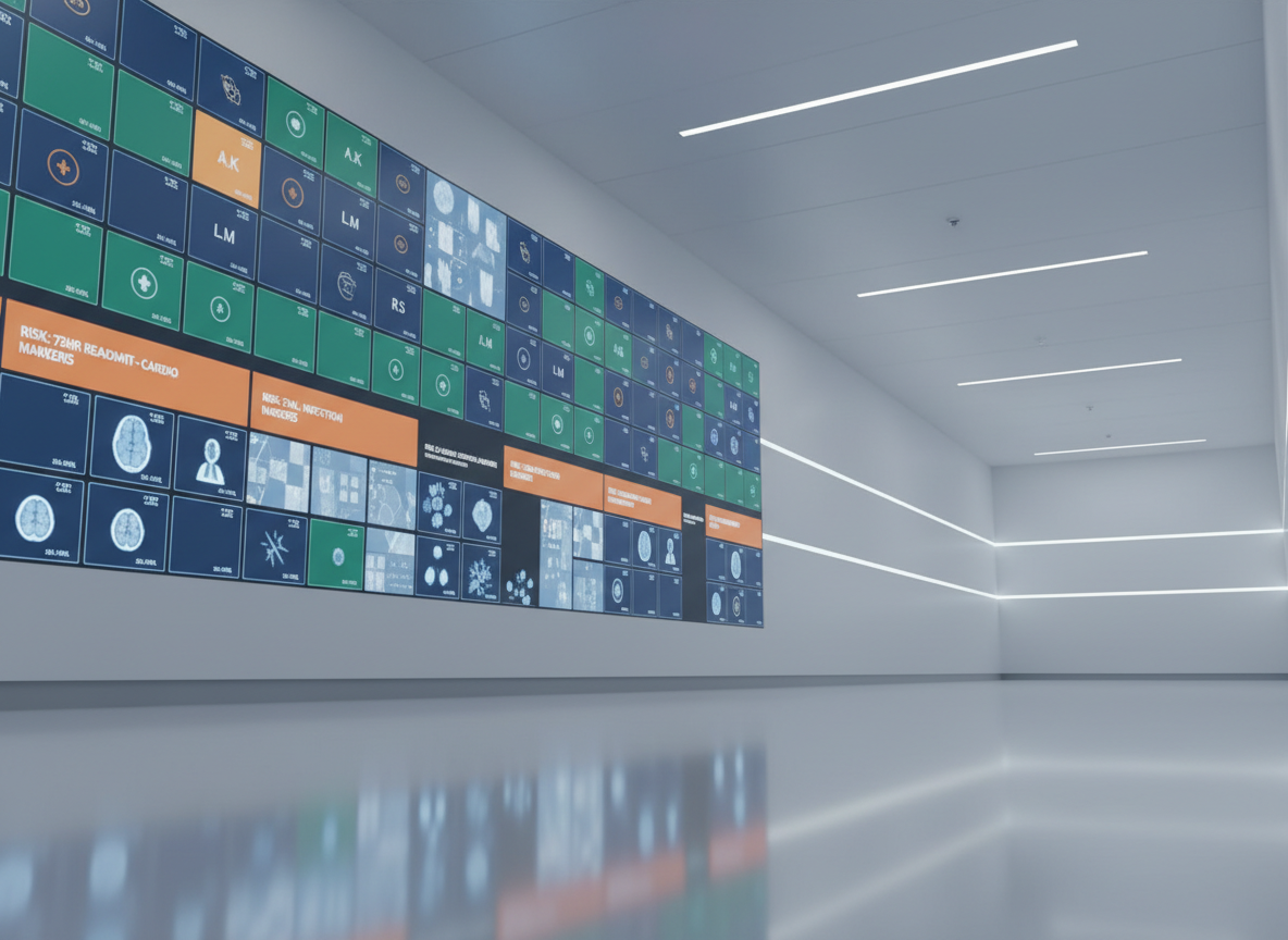 A modern, minimalist hospital corridor where one wall is entirely composed of large, embedded digital panels displaying AI-generated clinical insights: color-coded patient status tiles, predictive readmission alerts, and imaging thumbnails arranged in a clean grid. The opposite wall is smooth, matte white with subtle recessed lighting strips. The floor is polished light-gray epoxy, capturing soft reflections of the glowing panels. Cool white LED ceiling lights create an evenly lit, calm environment with very soft shadows at the base of the walls. Captured from a low, slightly off-center angle looking down the corridor, the perspective draws the eye into the distance. Photographic realism, with a clean and futuristic healthcare aesthetic, communicates safety, clarity, and always-on intelligent monitoring.