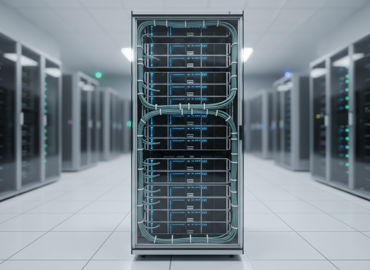 A pristine, glass-encased server rack dedicated to healthcare AI, filled with neatly arranged black and silver units, each with cool blue status LEDs and finely textured ventilation grilles. Fiber-optic cables in muted teal and gray are meticulously routed, forming precise, parallel lines. The rack stands on a spotless light-gray raised floor with subtle square patterns. Soft, directional studio lighting from the left highlights the metallic edges and casts controlled shadows behind the cables, giving a sense of depth and order. The background fades into a gently blurred data center environment with additional racks and faint status lights. Shot at eye level with a moderate depth of field, the composition centers the main rack while retaining contextual detail. Photographic realism and a professional, engineered aesthetic emphasize reliability, security, and computational power behind clinical insights.