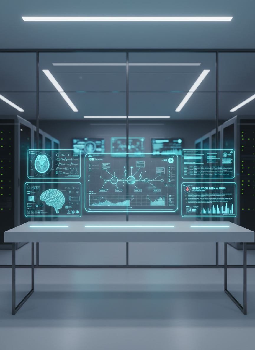 A sleek, glass-fronted hospital command center filled with transparent holographic medical dashboards floating above a spotless white console. Detailed charts, EHR timelines, CT scans, and medication risk alerts glow in cool blues and teals, each labeled with crisp typography. The console rests on a matte white surface with subtle reflections. Soft, even overhead LED lighting creates a clinical yet calm atmosphere, with gentle shadows under the monitors. The background is softly blurred server racks and wall-mounted displays, emphasizing depth. Captured at eye level with a slightly wide angle, the composition centers the main dashboard while secondary panels arc around it. Photographic realism with a clean, modern healthcare aesthetic conveys precision, safety, and AI-powered clinical insight without any human presence.