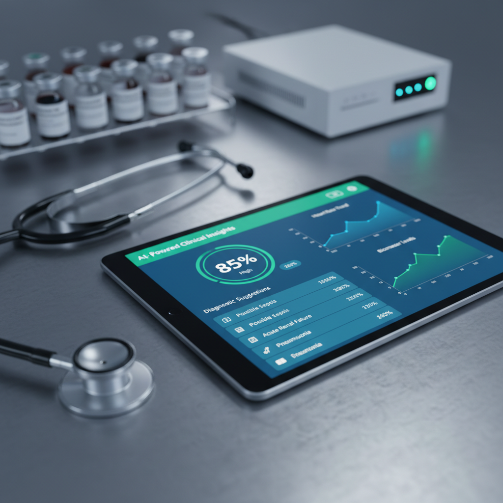 A close-up view of a high-resolution tablet lying on a brushed aluminum desk, displaying an AI-powered clinical insights dashboard with patient risk scores, diagnostic suggestions, and trend graphs in vibrant blues and greens. A slim stethoscope rests beside it, its stainless-steel chest piece reflecting subtle highlights. In the background, slightly out of focus, stand organized rows of labeled medicine vials and a compact medical-grade server unit with soft indicator lights. Cool, diffused overhead lighting casts gentle shadows and a controlled, professional ambiance. Shot from a slightly elevated angle with shallow depth of field, the composition emphasizes the tablet screen as the focal point. Photographic realism and a minimalist, high-tech aesthetic underscore precision, speed, and data-driven decision-making.
